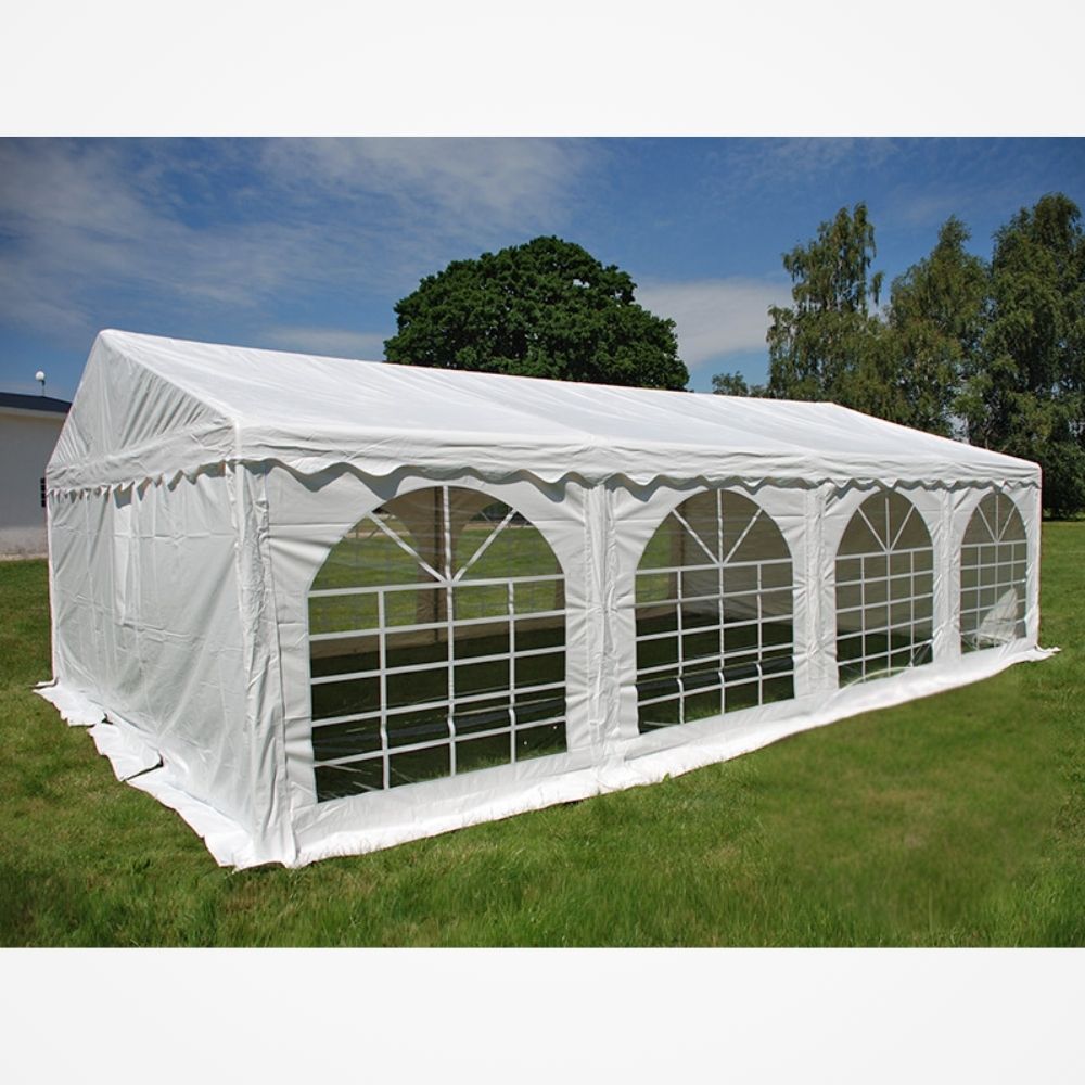 Vonkajší stan s oceľovým rámom a priesvitnými bočnými stenami 4x9