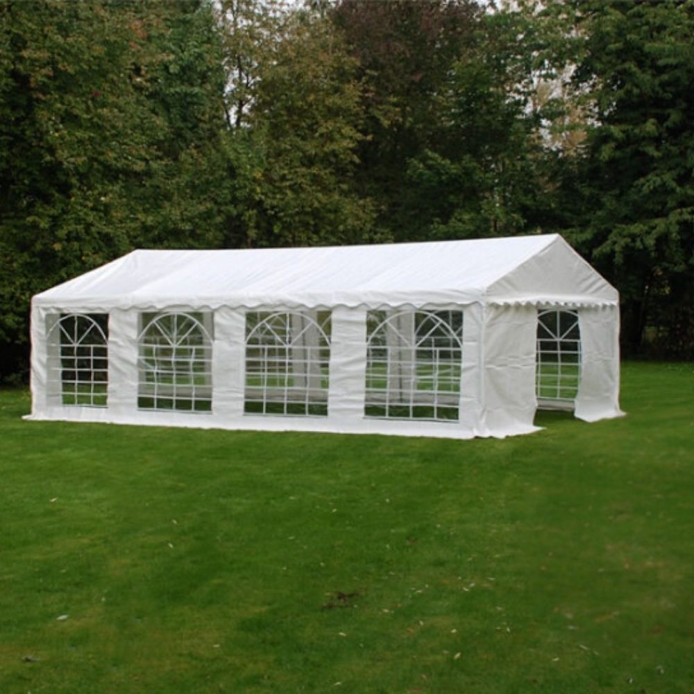 Záhradný stan 6x9m s oceľovým rámom a priesvitnými bočnými stenami 6x9