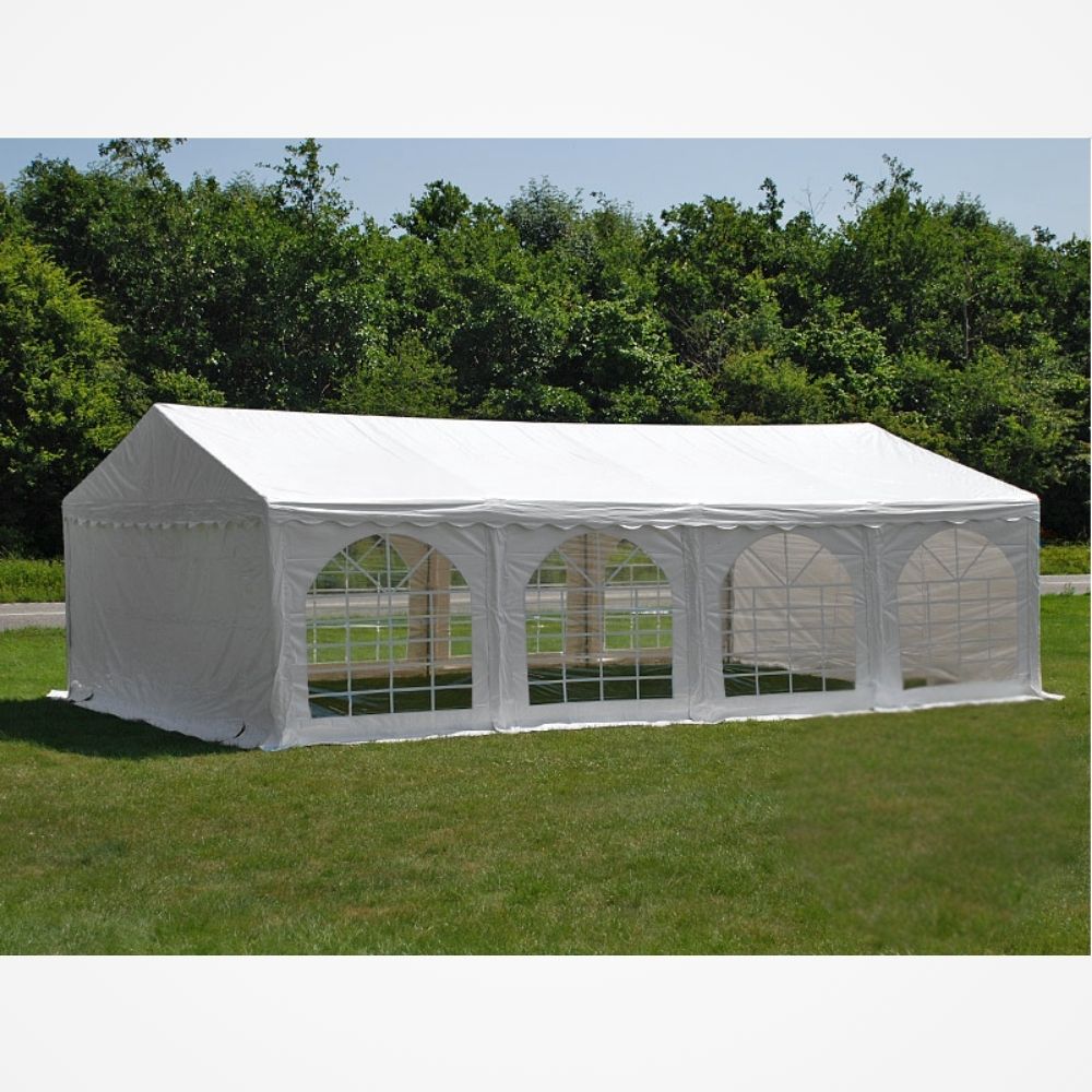 Vonkajší stan s oceľovým rámom a priesvitnými bočnými stenami 6x9