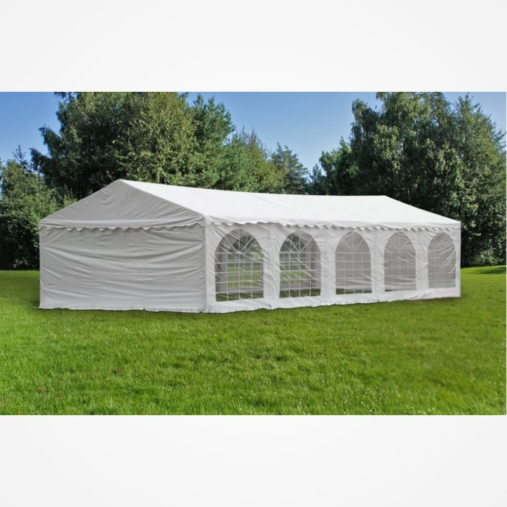 Vonkajší stan s oceľovým rámom a priesvitnými bočnými stenami 6x12