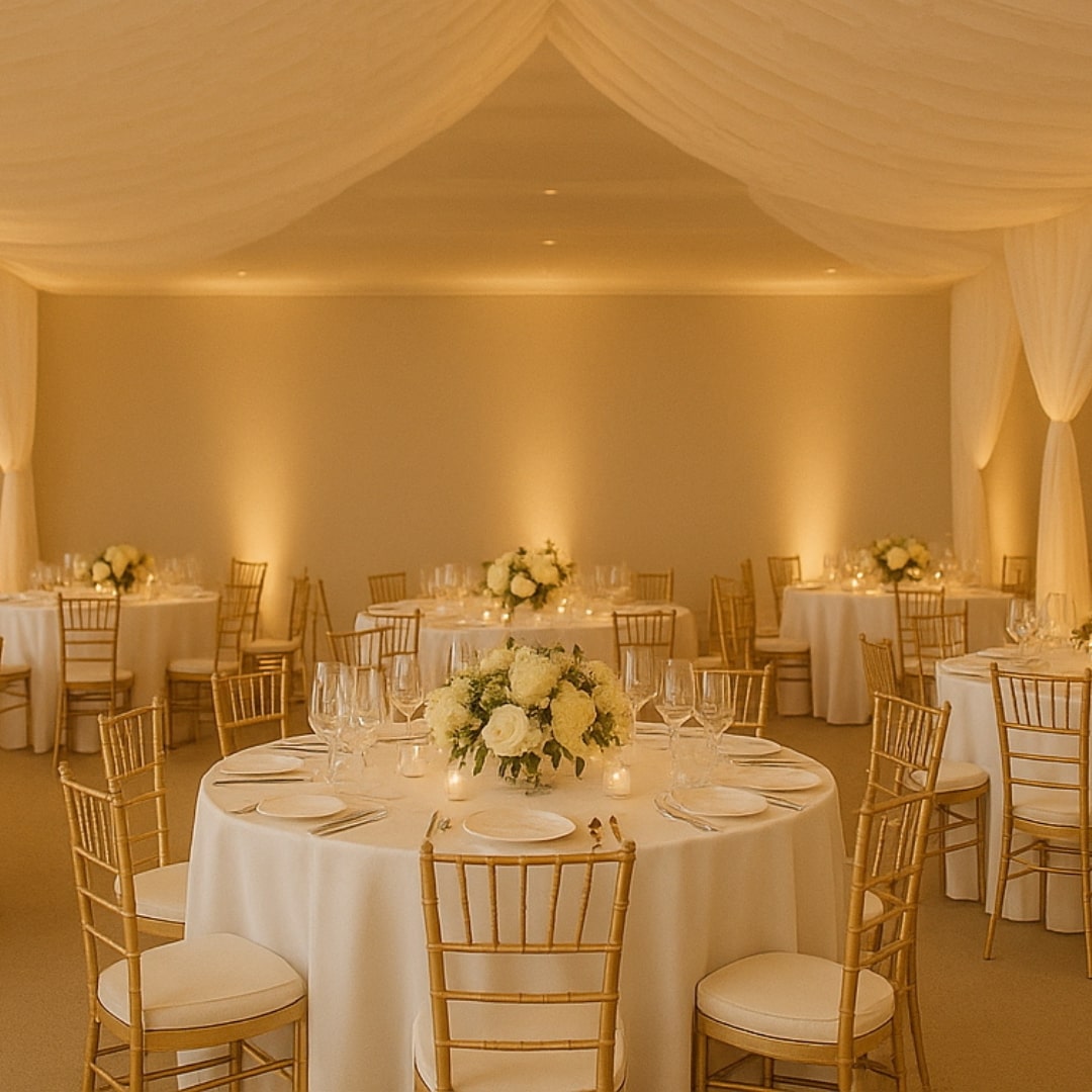 Zlatá Tiffany stolička z PP plastu s vankúšom 40x40x88 cm, luxusný svadobný nábytok zlatej farby