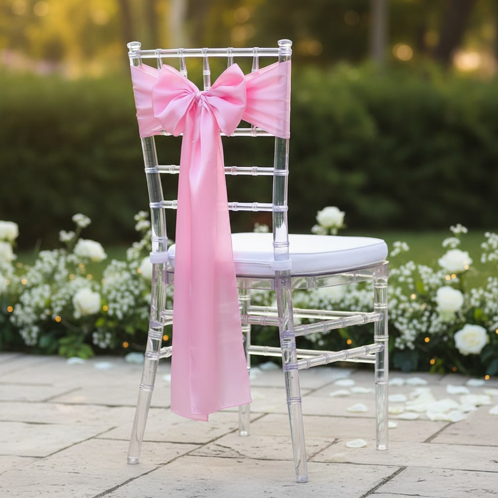 Chiavari stolička transparentná so svetloružovou saténovou stuhou