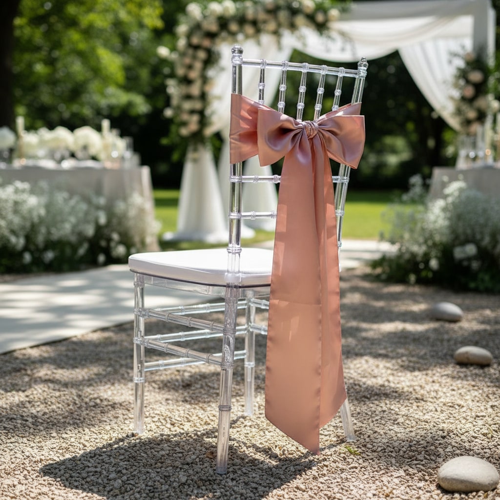 Chiavari stolička transparentná so saténovou stuhou v ružovom zlate