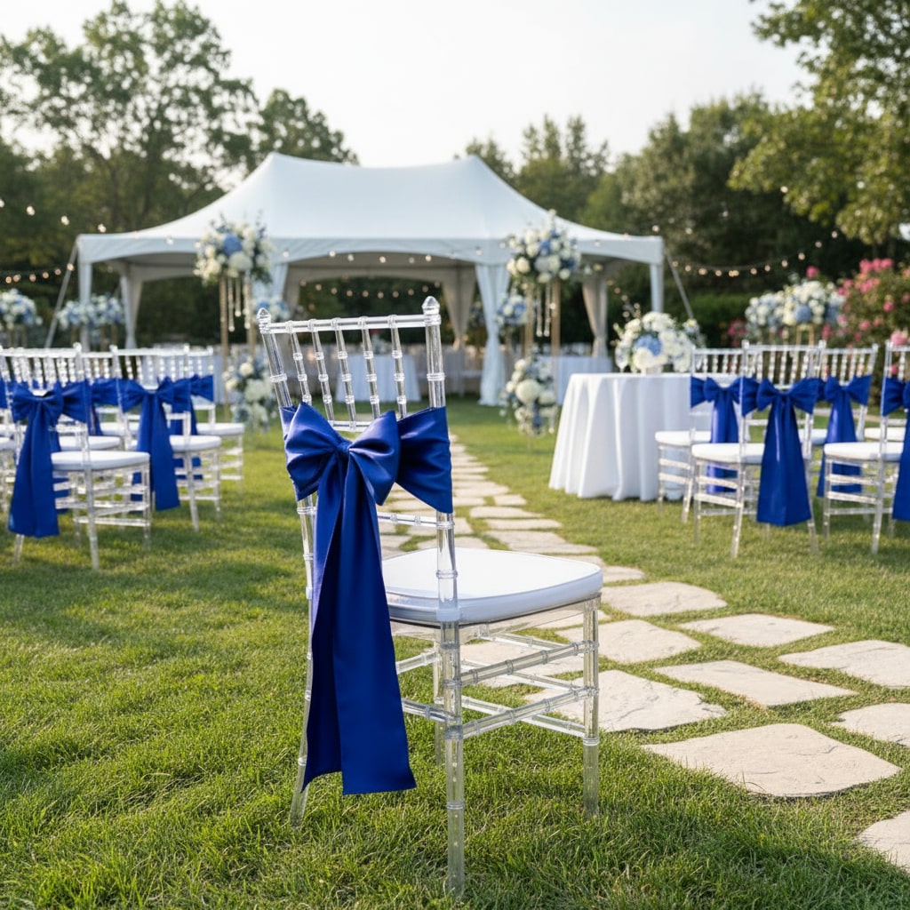 Chiavari stolička transparentná so saténovou stuhou v kráľovskej modrej