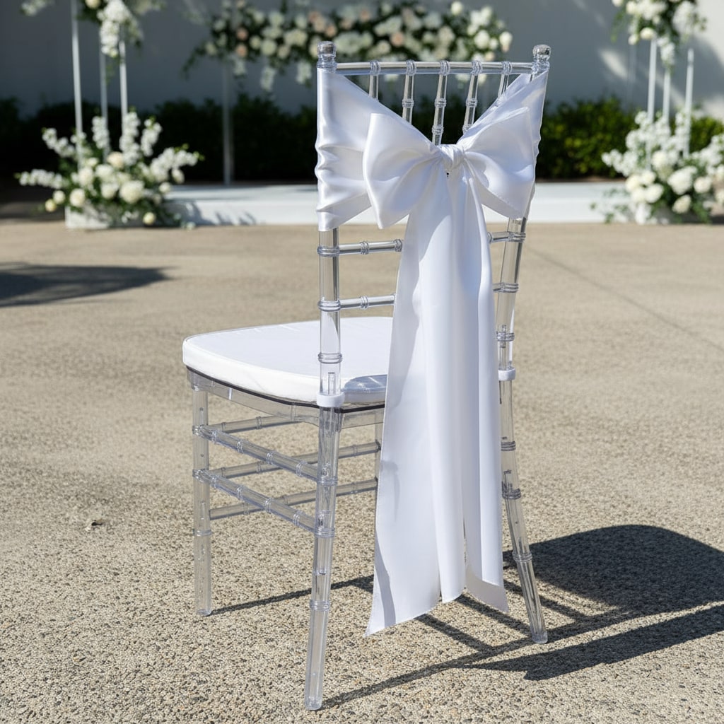 Chiavari stolička transparentná s bielou saténovou stuhou