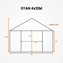 Vonkajší stan s oceľovým rámom a priesvitnými bočnými stenami 4x12