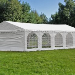 záhradný stan 4x9 s oceľovým rámom a priesvitnými bočnými stenami 4x9