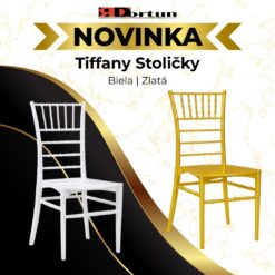 Tiffany stolička z PP plastu s vankúšom 40x40x88 cm, luxusný svadobný nábytok zlatej farby